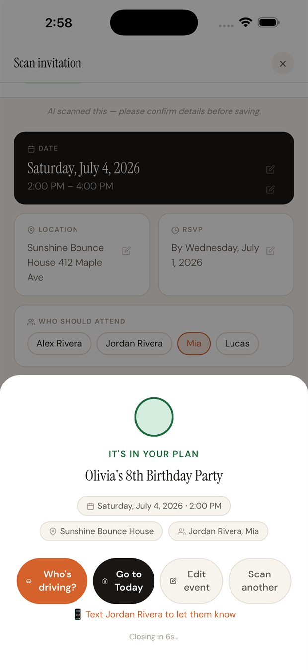 Clarely has read the document and filed it — the event, date, place, and who's going, saved to the calendar